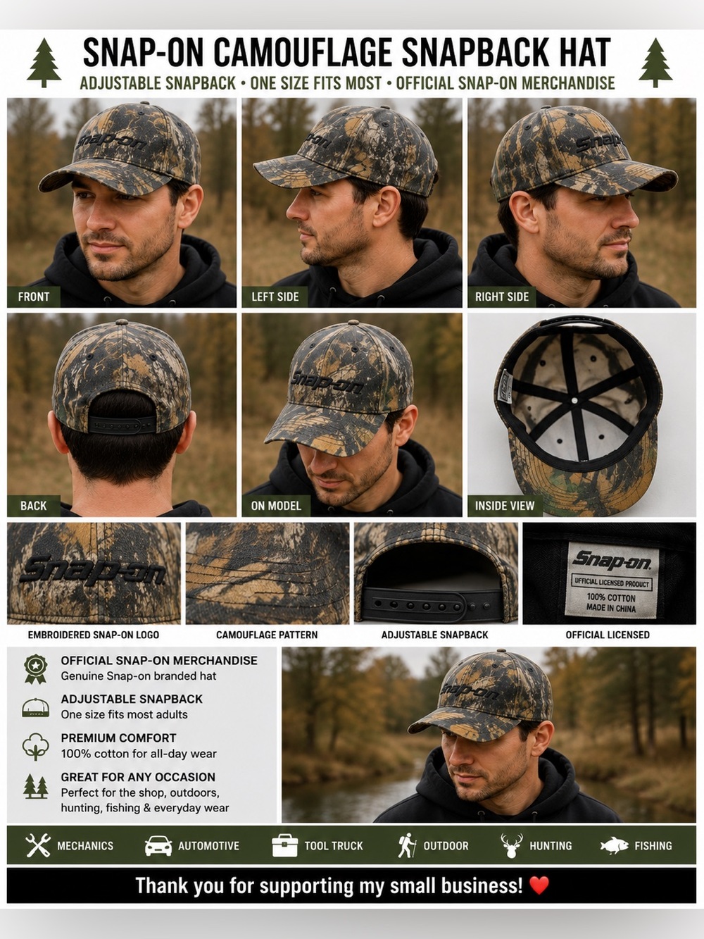 Snap-on Camouflage Snapback Hat Adjustable Camo Cap Black Embroidered Logo